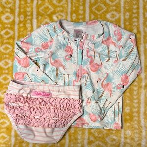 Ruffle Butts Pink and Blue Flamingo Rashguard Set